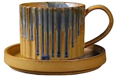 Tazzine caffè Tazza da caffè Tazza di tè Tazze Set di Tazze E Piattini da caffè in Ceramica Fatti A Mano Tazza in Ceramica Grezza Semplice tè Pomeridiano Casa retrò Tazzine di Caffe Tazze da caffè (C