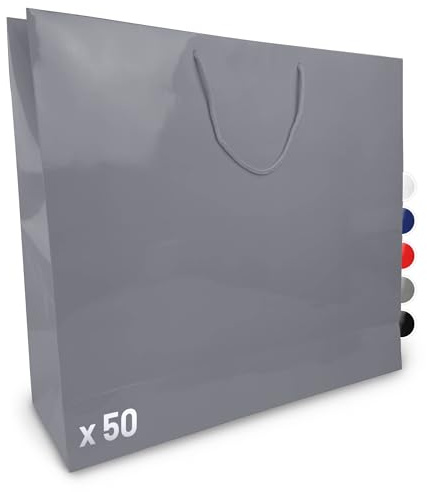 Verpackungswelt Geschenk-Tüten 50 Stück | Glänzende Papier-Tüten mit Henkel | Geschenk-Tüte 60x15x50 cm | Papier-Tüte ideal für Geburtstag, Weihnachten, Einzug & Mitbringsel | Grau