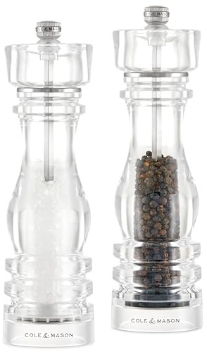 Cole & Mason London Salz und Pfeffermühle Acryl 22 cm, Keramikmahlwerk | Pfeffer und Salzmühle Klein, Precision+ Einstellbarem Malwerk, Gewürzmühle gefüllt, Transparent Acryl/Edelstahl, Geschenkset