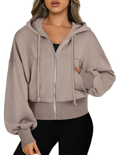 ANRABESS Womens Zip Up Hoodies Cropped Sweatshirts Casual Comfy Cute Zip Jackets Fashion Trendy Fall Outfits 2026 Y2K Clothes Khaki Medium