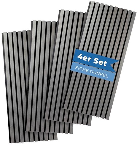 PROVISTON Lot de 4 panneaux muraux acoustiques 3D - 1200 x 21 x 600 mm - Lamelles en bois MDF plaquées - Couleur chêne foncé - Support en polaire foncé