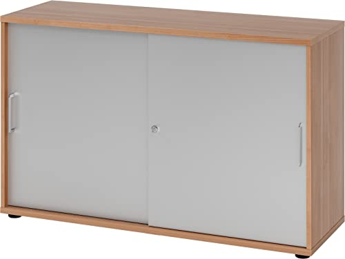 bümö Schiebetürenschrank 2OH - Aktenschrank abschließbar, Sideboard Schrank mit Schiebetüren in Nussbaum/Silber, Bügelgriff - Büroschrank aus Holz mit Schiebetür, Büro Kommode für Ordner & Co.