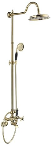 Yalsfowe Duschsystem Gold-Schwarz, Duschhahn-Set zur Wandmontage, Regenduschkopf mit Handbrause, Wannenhahn, Doppelkreuzgriffe, Mischbatterie-Dusche