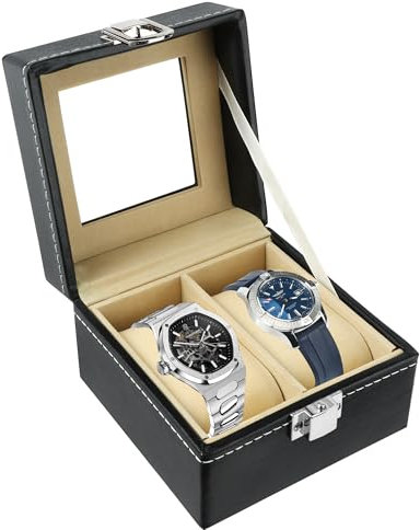 JSMTKJ Scatola per orologi in pelle PU Porta Orologi a 2 Scomparti Scatola per Orologi Custodia Orologi Da Viaggio con Coperchio in Vetro per Orologi e Gioielli