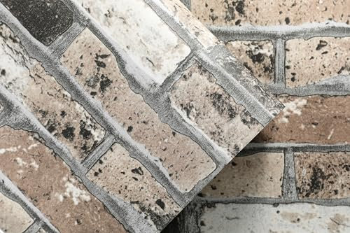 Pamatio Vintage Brick Industrial Feature Wallpaper, Light Brown Faux Retro Stone Effect Contemporary Wall Paper, Non-Woven Rustic Living Room Bedroom Adult Wall Decoration, 53 cm x 9.5 m