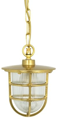 Licht-Erlebnisse Outdoor Hängeleuchte Messing Riffelglas E27 IP44 H: max. 75 cm verstellbar regenfest rostfrei Maritim Hängelampe aussen Außenlampe hängend