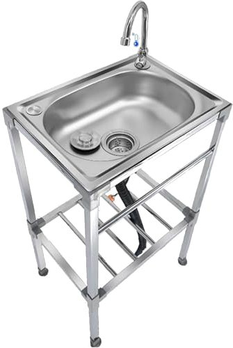 Lavello in Cucina Acciaio Inox Autoportante 1 Vasca Interno e Esterno Lavandino Commerciale con Supporto e Rubinetto,per Lavanderia/Ristorante/Campeggio/Giardino/Garage,Facile Da Pulire