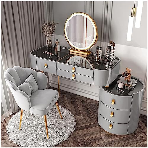 Schminktisch mit LED-beleuchtetem Spiegel, Glasplatte, Schubladen, Beistellschrank und Stuhl, Massivholz, großer Schminktisch mit Touch-Steuerung, LED-Lichter, 100 cm, Grau