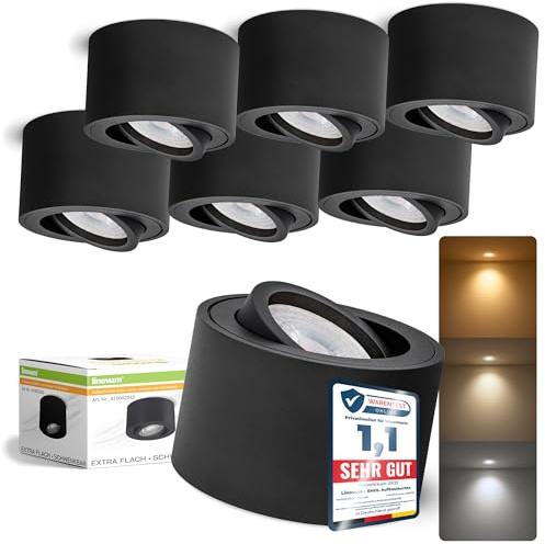 linovum SMOL Aufbauspot schwarz rund flach schwenkbar 4W 3 Lichtfarben LED | Flacher Deckenspot schwarz - nur 50mm hoch, schwenkbar, warm / neutral / kalt, für Küche & Flur, inkl. LED-Modul