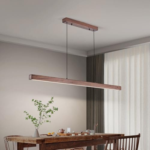 LED Holz Pendelleuchte Esstisch Hängeleuchte, Linear design Dimmbar mit Fernbedienung Pendellampe, Höhenverstellbar Holzlampe für Esstischlampe Esszimmer Büro Küche Lampe (Nussbaumholz, 100cm)
