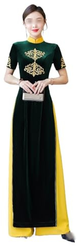 HAJHI Conjunto de 2 Piezas de Mediana Edad Vestido Vietnamita Ao Dai Primavera Terciopelo Pasarela Escenario Actuaciones Qipao Bordados Hendidura Delgado Vestido Chino Mujer