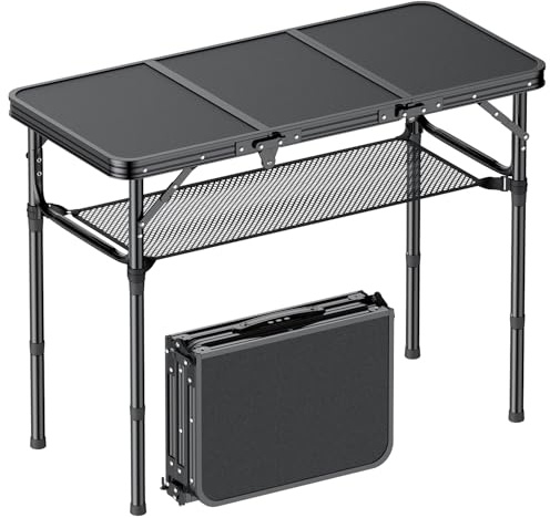 Folding Camping Table, 3 FT Folding Portable Camping Table, Outdoor&Indoor Picnic Table with 3 Adjustable Height Max 27.1,Lightweight Aluminum Camping Tables, Car Camping Essentials-Pure Black