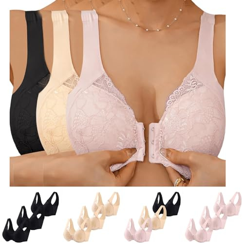 3er Pack Damen BH Verschluss Vorne Ohne Bügel Spitzen BH Große Größen Minimizer Sexy Push Up Bra Komfort Bustier Breiten Trägern Klassischer Soft-BH