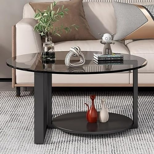 Kreativer Runder Couchtisch Aus Glas Mit Metallrahmen,Runder Wohnzimmertisch Mit Platte Aus Gehärtetem Glas,Mit Stauraum,Boden-Tee-Tisch,Schwarzer Sockel,Cocktail Beistelltisch(Gray/Black,70cm/27.5in)