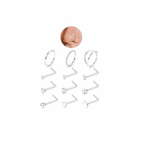 Diamday 18G Nasenpiercing Chirurgenstahl Hypoallergen L-förmiger Nasenpiercing Stecker Doppeltes Nasenring Nostril Piercing Silber Stern Herz Nasenstecker Helix Tragus Hoop Piercing Schmuck,12er-Pack