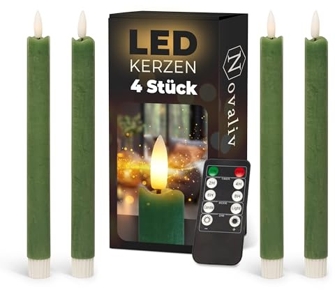 Novaliv Stabkerzen LED mit Timer Grün 4 Stück Grün indoor - 6 Stunden - ECHTWACHS 23cm Höhe für Kerzen 2,2cm Durchmesser 2 AAA Batterien notwendig LED Stabkerzen flackernde Flamme bewegliche Flamme