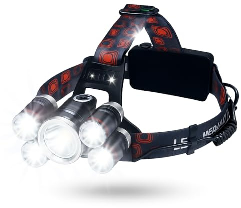 UKIUAN Linterna Frontal LED Recargable Alta Potencia – 5 LEDs Cree T6, 4 Modos de Luz + luz roja trasera + señal de emergencia, resistente al agua, Ajustable. Senderismo, Ciclismo, Caza, Camping