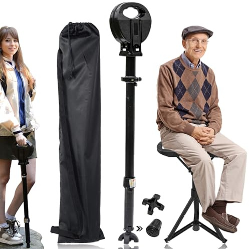 Walking Stick with Seat, Folding Portable Retractable Lightweight Sturdy Walking Stick for Elderly, Seniors, Outdoor Travel. Walking Stick with Seat, Heavy Duty Tripod Seat with Travel Bag for Adults