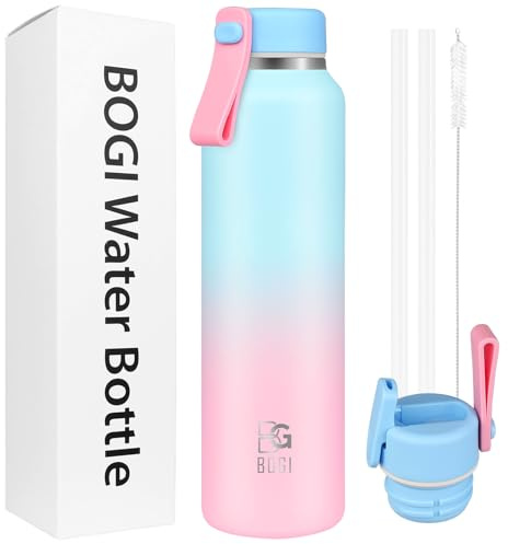 BOGI 475ml Metal Water Bottle with Straw,Leakproof 2 Lids（Loop&Straw） | Stainless Steel Water Bottle for Sport Travel BpaFree Double Wall Vacuum Drinks Bottle for Boys Girls Keep 12h Hot & 24h Cold