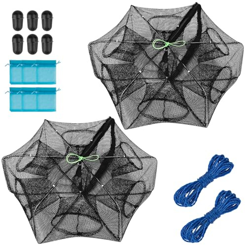QualyQualy Angelköderfalle Krabbennetz Angelfalle für Elritze/Krabben/Garnelen/Crawdad mit Seil, 6/8/10 Löcher Großer Raum Fischernetz