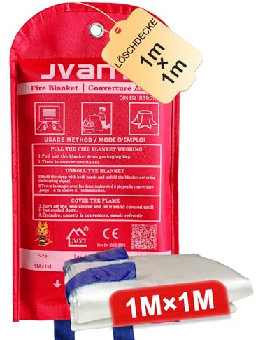JVANTE Fire Blanket DIN EN 1869:2019 - 1 x 1 m High Quality Safety Fibreglass Blanket for Grease Fires, Car, Kitchen, School, Fireplace, Barbecue, Office, Garage & Workshop (1 m x 1 m)