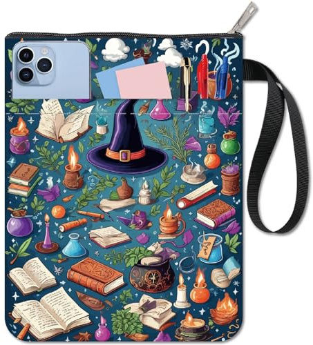 CRASPIRE 30 x 20 cm tyg bokomslag häxa hatt magisk hav växt tyg ärm ficka tvättbar återanvändbar dubbelsidig anteckningsbok omslag pocketbok skyddsväska dragkedja för bokälskare bokmask