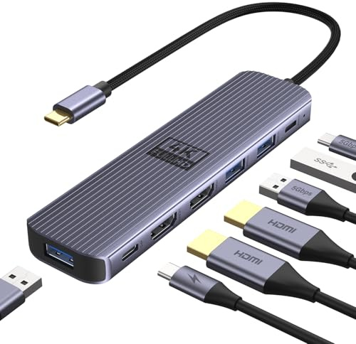 Adaptateur USB C Double HDMI, Newmight 7 en 1 Station d'accueil USB-C pour Deux écrans, 4K60@HZ,équipée de 2 Ports HDMI, 3 Ports USB 3.0, Charge PD 100 W, Port USB-C 3.0, Compatible avec Dell