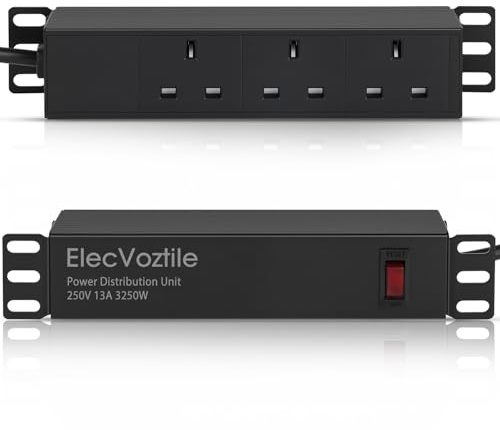 ElecVoztile 10 inch Rack PDU, 3 Rear UK Sockets, 1020J Surge Protection &13A Overload Switch, 1U Rack Mount Power Strip for 10'' Mini Server Network Cabinets/Rack/Self, 1.8M Cable