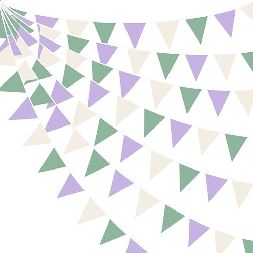 32Ft Sage Green Light Purple Bunting Banner Party Decorations Dusty Green and Purple Fabric Triangle Flag Pennant Garland Streamer for Kids Pastel Birthday Wedding Bridal Baby Shower Lavender Party
