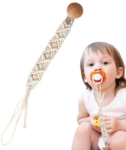 Demsyeq Clips para chupete para niña, soporte flexible de algodón para chupete, cuerda de madera y algodón, soporte flexible bohemio para niñas y niños