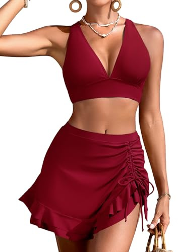 Vijamiy Bikinis Mujer Reductor Cintura Alta con Falda Traje de Baño Mujer Escote en V Sexy Push Up con Relleno Conjunto Playa(Rojo Burdeos,L)
