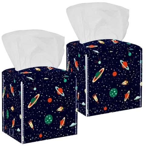 2PCS Square Tissue Box Cover, Space Planets Orbits Rockets Satellite Flying Saucer Stars Cosmos Leather Tissue Case Facial Paper Organizer Dispenser for Vanity Dresser Night Stand Table Countertop