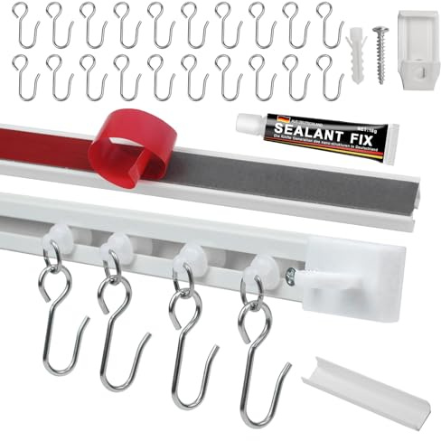 Haoledy Riel Cortina Techo 4 × 37 Cm (148 cm), Rieles para Cortinas Autoadhesiva/con Taladro, Riel de Cortina Extensible, Riel de Cortina Montaje en Techo o Pared, con 20 Ruedas y Ganchos de Metal (4)