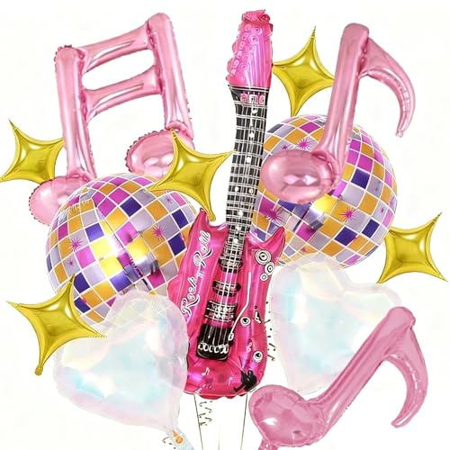 LEBKFT 14Pcs Disco Balloons Set, 22 Inch Silver Disco Ball & Rose Pink Guitar Balloons Musical Note & Star Foil Balloons for Kpop Party 80s Rock & Roll Themed Gathering Decor Reusable with Straw