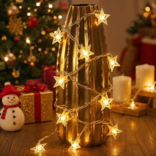 ZingBox Lichterkette Sterne Batterie, 2M 10 LED Innen Stern batteriebetriebene Lichterketten, Warmweiß, Außen dekorative Beleuchtung für Schlafzimmer, Hochzeit, Geburtstag, Weihnachten, Party Deko