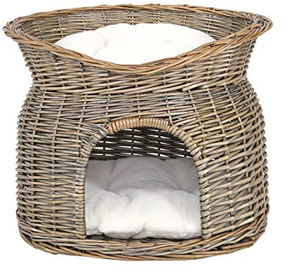 lionto Weidenkorb für Katzen und kleine Hunde mit 2 weichen Liegekissen, 55x39x43 cm, gemütlicher Katzenkorb aus umweltfreundlichem Weidenholz, Moderne Katzenhöhle mit weißen Kuschelkissen, grau