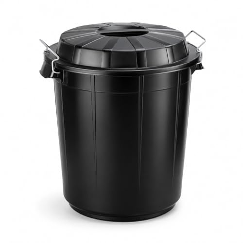 HELGUEFER - Cubo de Basura 50 litros con Tapa y Asa Metálica | Contenedor de Polipropileno Resistente a los Golpes | Uso Profesional, Industrial o Doméstico Intensivo | Color Negro