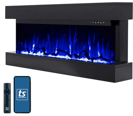 Touchstone Chesmont Smart Electric Fireplace- Wall Hanging Fireplace with 50 Wide Black Floating Mantle- Alexa/WiFi Enabled-10 Color-1,500W Heater- Crystals & Driftwood-Model 80034