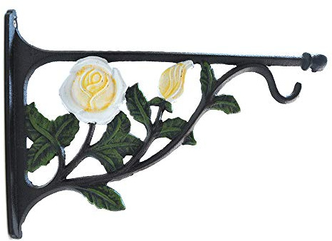 TentHome Blumenhaken Wand Blumenampel Halterung Landhaus Blumenhalter Garten Haken für Hanging Basket Gusseisen Befestigung für Hängekörbe Weiße Rose | Landhaus Garten Haken für Blumenampel Befestigung für Hängekörbe Weiße Rose
