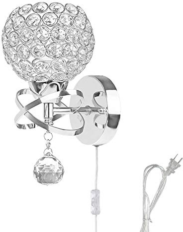WeFoonLo Modern Crystal Wandleuchte Pendent Lampe Chrom Finish Schlafzimmer Sconce Beleuchtung Befestigung mit Switch und stecker, E27 Sockel