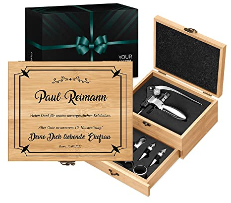 Maverton Weinöffner-Set personalisiert Weinset Sommelier Set - Geschenkbox Holzbox + 8er Weinzubehörset - aus Bambus - Braun - Geschenk zum Geburtstag für Männer - 10. Hochzeitstag