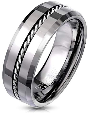 Paula & Fritz® Ring Herren Wolframcarbid glänzend Ketten-Inlay Gr. 67 (21,3) Silber 8-mm Breit Herren-Ring Partnerring Damenring Ehering Verlobungsring