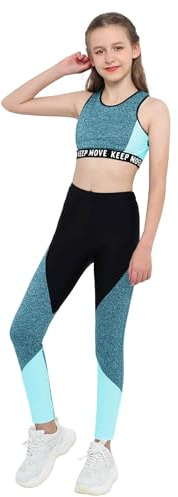 Freebily Ropa Deporte Danza Niñas Crop Top Corto Espalda Cruzada y Leggings Pantalones Elásticos Chandál Moda Chicas Conjuntos de Deporte Fitness Keep Move Azul 12 años