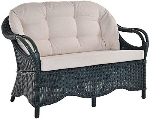 Krines Home Wintergarten Rattansofa Natur Rattan Sofa Zweisitzer Wohnzimmer Couch Rattanmöbel (Petrol, 2-Sitzer)