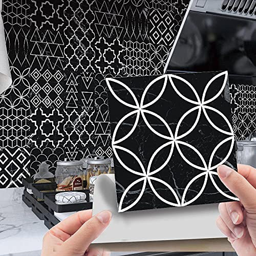 Fliesenaufkleber Bad 20x20 Schwarzes Muster 24 Stück Klebefliesen für Bad und Küche Klebefolie Muster Selbstklebende Fliesen,Pvc Fliesensticker Wandfliesen Wandaufkleber