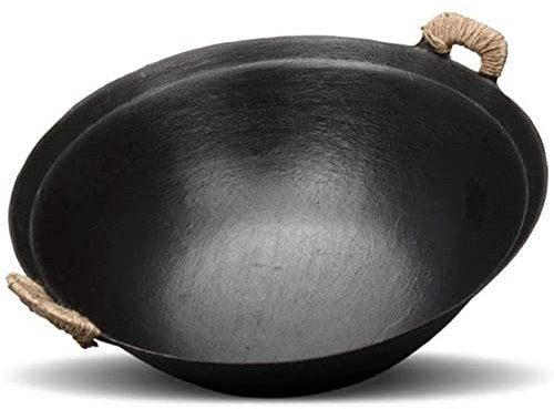 MNSSRN Wok Anti-scottatura a Doppio Manico, vaschetta in ghisa Vecchio Stile con Manico ausiliario della Corda di Canapa, Fondo Rotondo del Ferro del ghisa, Padella di Ferro Non patinata,36CM