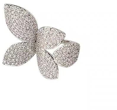 IMINI Bague papillon avec strass en pierres précieuses - Bague enveloppante ouverte - Bague de fiançailles, de promesse, de mariage en cristal étincelant en zircone cubique - Feuille - Bague