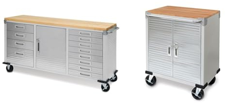 Seville Classics Fahrbare Werkbank mit 12 Schubladen, 182,9 x 50,8 x 95,2 cm, grau & Werkstattwagen, 71,1 x 50,8 x 87,6 cm, grau