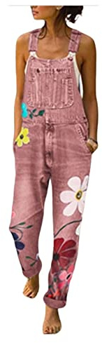 Lässiger Denim Overall Für Damen Lockere Jeans Latzhose Mit Blumenmuster Verstellbare Träger Weites Bein Hosen Jumpsuit Mit Taschen (Color : Pink, Size : M)