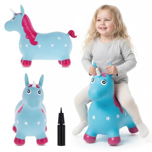 sun baby Hüpftiere ab 1 Jahr mit Pumpe aufblasbares Hüpfspielzeug aus Hochwertigem und Strapazierfähigem Gummi, Verschiedene Designs (Blaues Einhorn)